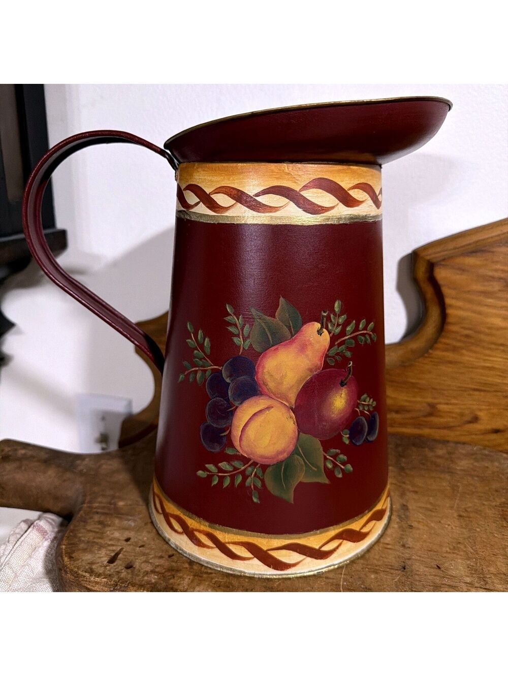 Vtg Hand-Painted Folk Art Toleware Primitive Pitcher Vase Harvest Fruit 10”